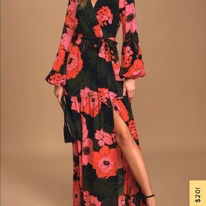 Lulus Dreaming on Black Multi Floral Print Balloon Sleeve Maxi